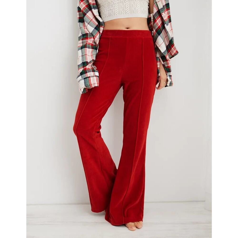 Aerie Red Orange Groove‎ On Ribbed Velour High Rise Flare Pants Size S Short